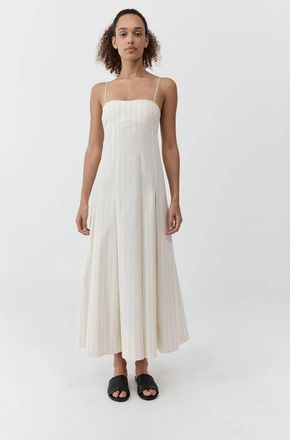 St.Agni Everyday Cotton Pleat Dress In Ecru Stripe