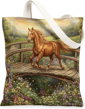 Generic Spring Horse Canvas Tote Bag for Shopping 13x15, Country Garden Animal Reusable Grocery Print Pattern Bag for Women, Fun Flower Scenic Beach Aesthetic