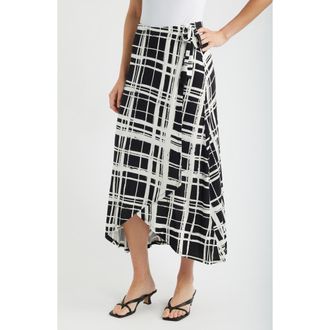 Loveappella Windowpane Plaid Faux Wrap Knit Skirt in Black/Ivory at Nordstrom, Size X-Large