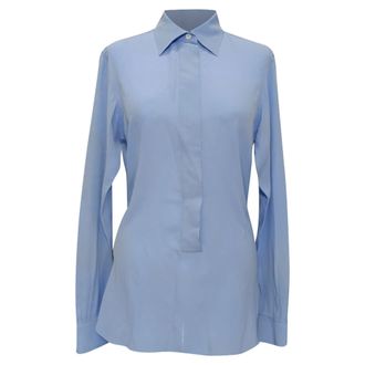 Victoria Beckham Logo-Embroidered Blouse in Blue Silk