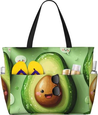 Generic Cute Avocados Print Large Beach Bag Foldable Travel Shoulder Tote Bag With Pocket For Weekender Pool Vacation