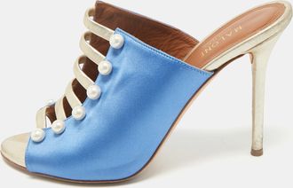 Malone Souliers Blue/gold Satin And Leather Zada Mules