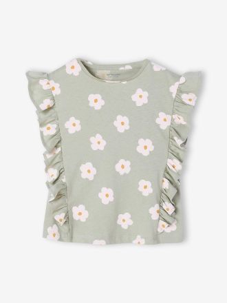 Vertbaudet M&auml;dchen Top mit Volants und Blumenmotiven, Recycling-Baumwolle salbeigr&uuml;n