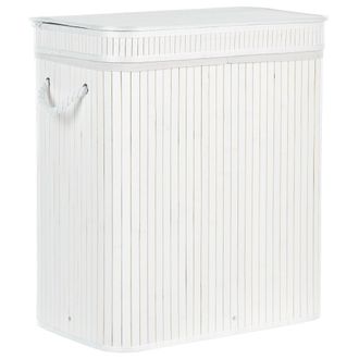 Beliani Cesta De Madera De Bamb&uacute; Blanca 60 Cm 2 Compartimentos Tapa Cremallera Asas Kalthota
