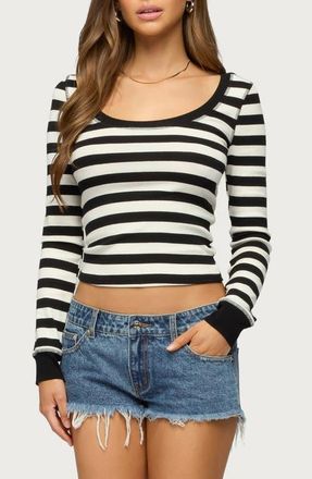 Edikted Rainey Stripe Scoop Neck Long Sleeve Top in Black-And-White at Nordstrom, Size X-Small