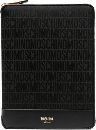 Moschino monogram-jacquard leather laptop bag - women - Polyester/Calf Leather - One Size - Black