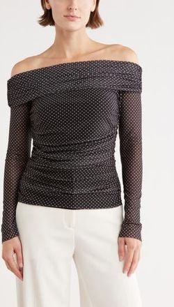 Leith Off the Shoulder Mesh Knit Top in Black- White Dot at Nordstrom Rack, Size X-Small