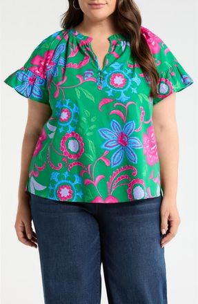 Sugarlips Cabina Floral Macy Ruffle Top in Blue Pink Multi at Nordstrom, Size 3 X
