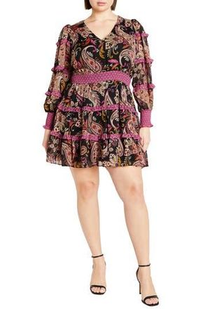 City Chic Hollie Print Long Sleeve Tiered Dress in Peaceful Paisley at Nordstrom Rack, Size M/18W