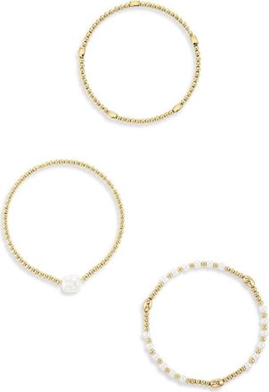 Nordstrom Rack Demi Fine Set of 3 Faux Pearl Beaded Stretch Bracelets in White- Gold at Nordstrom Rack