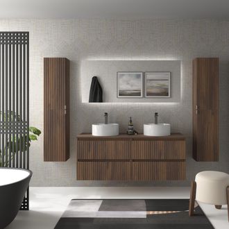 Cygnus Bath Mueble De Ba&ntilde;o Kira 140cm Nogal 4 Cajones Lavabo Sobre Encimera 2 Pozas Porcelana