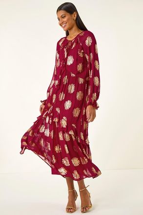 Roman Frill Brocade Midi Dress