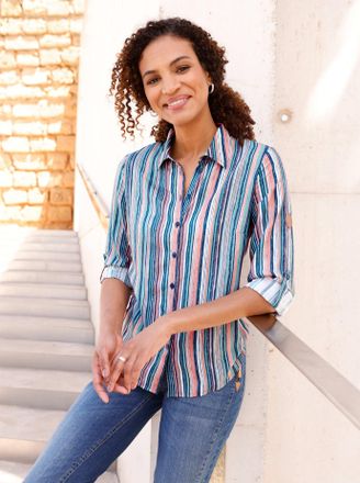 Casual Looks Hemdbluse CASUAL LOOKS, Damen, Gr. 36, blau (marine, rosenholz, gestreift), 100% Viskose, gemustert, gestreift, mehrfarbig, Blusen Hemdbluse