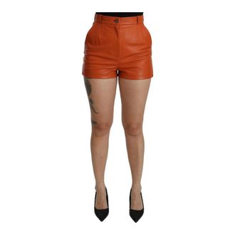 Dolce & Gabbana Oranje Leren High Waist Mini Shorts - Dames - Bermuda - Oranje - S - Leer - Korte Broeken
