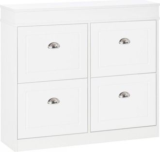 HOMCOM Shoe Cabinet with 4 Flip Drawers Wood Tipping Bucket Narrow Storage Cupboard with Adjustable Shelf Hall Organizer for Entrance Foyer White - Home Livi