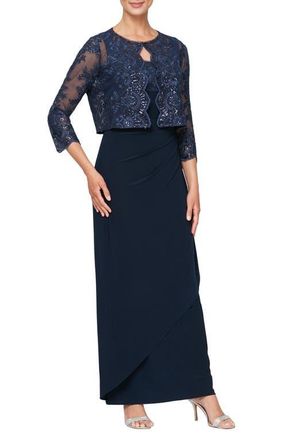 Alex Evenings Embroidered Empire Gown with Jacket in Navy at Nordstrom, Size 18