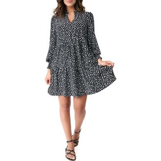 Gibsonlook Printed Tiered Long Sleeve Dress in Black Off White Dot at Nordstrom Rack, Size Xx-Small