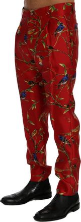 Dolce & Gabbana Mens Red Silk Bird Print Dress Pants