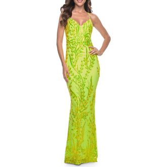La Femme Neon Fitted Print Sequin Pastel Prom Dress in Bright Green at Nordstrom, Size 12