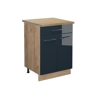 Vicco Armarios De Cocina Fame-line, Azul Oscuro Alto Brillo, 60 Cm Con Caj&oacute;n, Et Roble Vicco