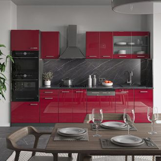 Vicco Mueble De Cocina R-line, Burdeos Brillo Intenso/antracita, 300 Cm Con Armario Alto, Sin Encimera