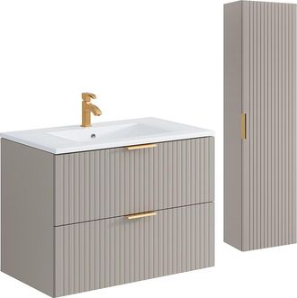 Vente-Unique Mueble de ba&ntilde;o suspendido estriado con lavabo encastrado y columna - Color beige - 80 cm - ZEVARA