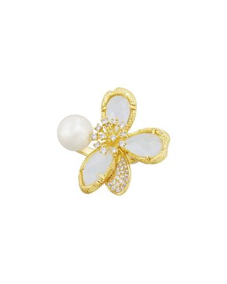 Savvy Cie Jewels 18K Plated 9-10Mm Pearl Cz Flower Ring