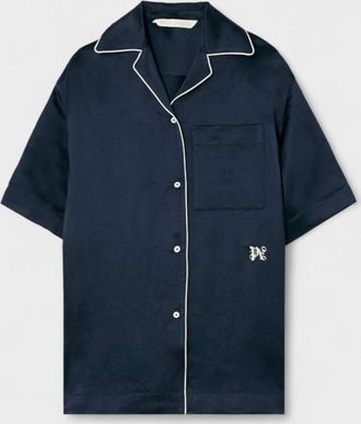Palm Angels Womens Monogram Satin Bowling Shirt Blue - Size Large