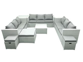 Fimous Rattan Garden Outdoor Furniture Set 12 Seater Rattan Garden Sofa Set with 3 Footstools Side Table Light Grey Mixed