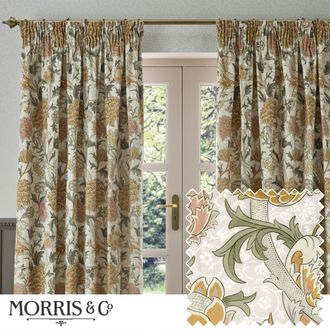 Morris & Co. Cray Floral Velvet Room Darkening Pencil Pleat Curtains in Stone | Size: 229 cm width x 229 cm drop