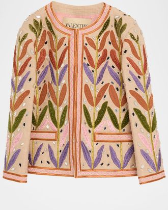 Valentino Garavani Beaded Leaf-Embroidered Linen Jacket