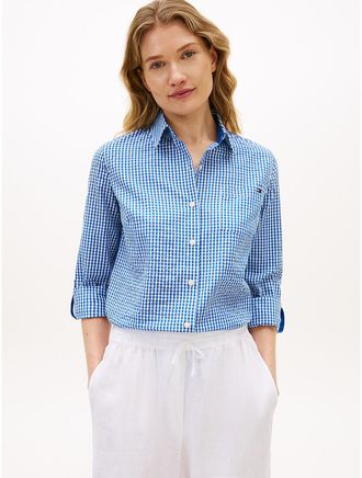 Tommy Hilfiger Womens Regular Fit Gingham Seersucker Shirt - Blue - XXS