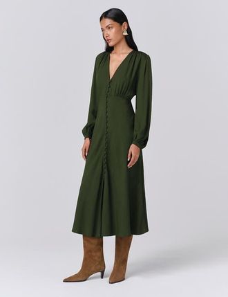 Ghost London Francesca Crepe Button Up Midi Dress in Green at Nordstrom, Size 10