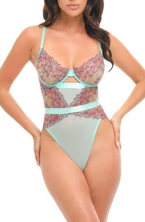 Oh l&agrave; l&agrave; Ch&eacute;ri Adaline Embroidered Satin Binding & Sheer Mesh Teddy in Lily Pond 055/Mojito at Nordstrom, Size X-Large