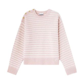 Ganni Truien & Vesten, Dames, Roze, L, Katoen, Gestreepte gebreide trui met knoopdetail