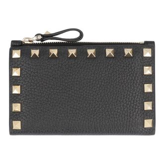 Valentino Garavani Wallets & Cardholders, female, Black, Size: ONE SIZE Rockstud Grainy Calfskin Cardholder With Zipper