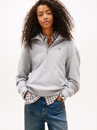 Tommy Jeans Kapuzensweatshirt TOMMY JEANS TJW BXY S-FLAG 1/4 ZIP HOODIE, Damen, Gr. XL (42), mid grau htr, Sweatware, Obermaterial: 100% Baumwolle, meliert, unifa