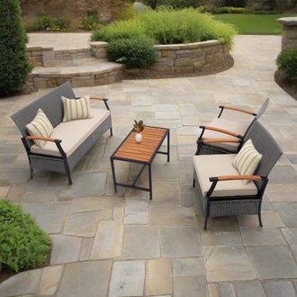 Teamson Home Wooden Armrests Outdoor Patio Furniture Conversation Set with Rattan Wicker Look