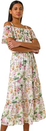 Roman Womens Floral Print Bardot Midi Dress - Cream - Size 18 UK