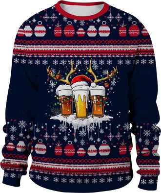 Generic Men Christmas Sweatshirt Crew Neck Long Sleeve Ugly Christmas Jumpers Mens Plus Size Funny Printed Xmas Sweatshirts Pullover Warm Comfort Xmas Jumper 