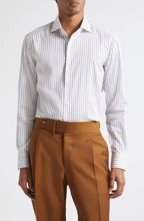 Isaia Striped Egyptian Mako Cotton Shirt in White Blue 01 at Nordstrom, Size 42