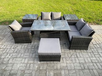 Fimous 7pcs Rattan Outdoor Garden Furniture Set Height Adjustable Rising Lifting Table Sofa Dining Set with 2 Side Tables Big Footstool in Dark Grey