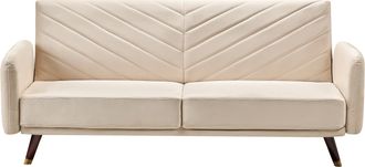Beliani Sof&aacute; Cama 3 Plazas De Terciopelo Beige Madera Oscura Reclinable Senja