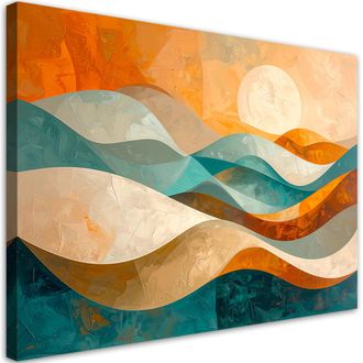 Feeby Cuadro Sobre Lienzo, Olas Abstracci&oacute;n En Colores Turquesa Y Beige, 120x80
