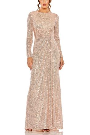 Mac Duggal Sequin Long Sleeve High Neck Column Gown in Rose Gold at Nordstrom, Size 20