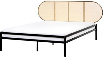 Beliani Cama Moderna De Hierro Con Somier De L&aacute;minas Rat&aacute;n Sint&eacute;tico Trenza Vienesa Cabecero Negro 140 X 200 Cm Boulin