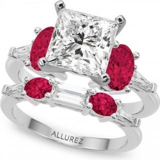 Allurez Princess Cut Lab Grown Diamond & Oval Ruby Bridal Set in Palladium (5.09ct)