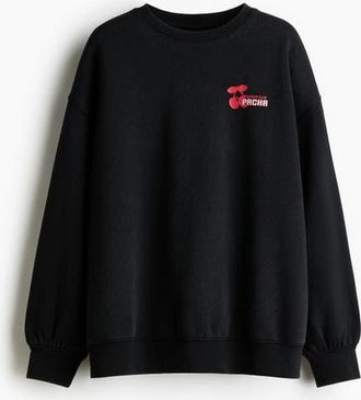 H&M Oversized Print-motif Sweatshirt in Black/pacha at Nordstrom, Size X-Small