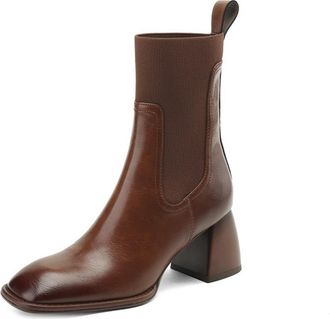 Generic Womens PU Leather Chelsea Ankle Boots Square Toe Stretch Panel Flared Block Heels Pull Tab Soft Lining Cushioned Insole Durable Non-Slip Outsole,Brown