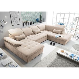 Fredriks home24 Fredriks Wohnlandschaft San Benito Cappuccino Webstoff 340x98x240 cm mit Schlaffunktion und Bettkasten